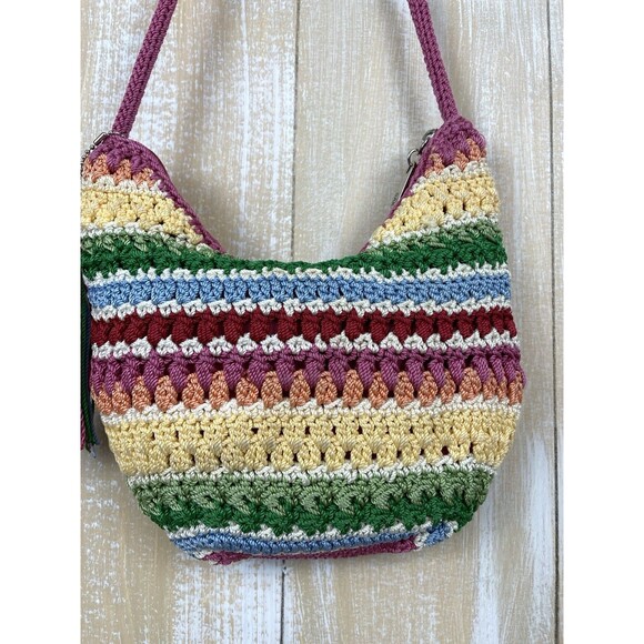 THE SAK Rainbow Crochet Crossbody Bag Boho Festival 9" x 9" Pink Tassel Keychain - Picture 6 of 14